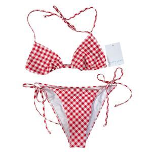Betty Jade Large Triangle String Bikini Swim Top Bottoms Plaid Tie Straps Lined